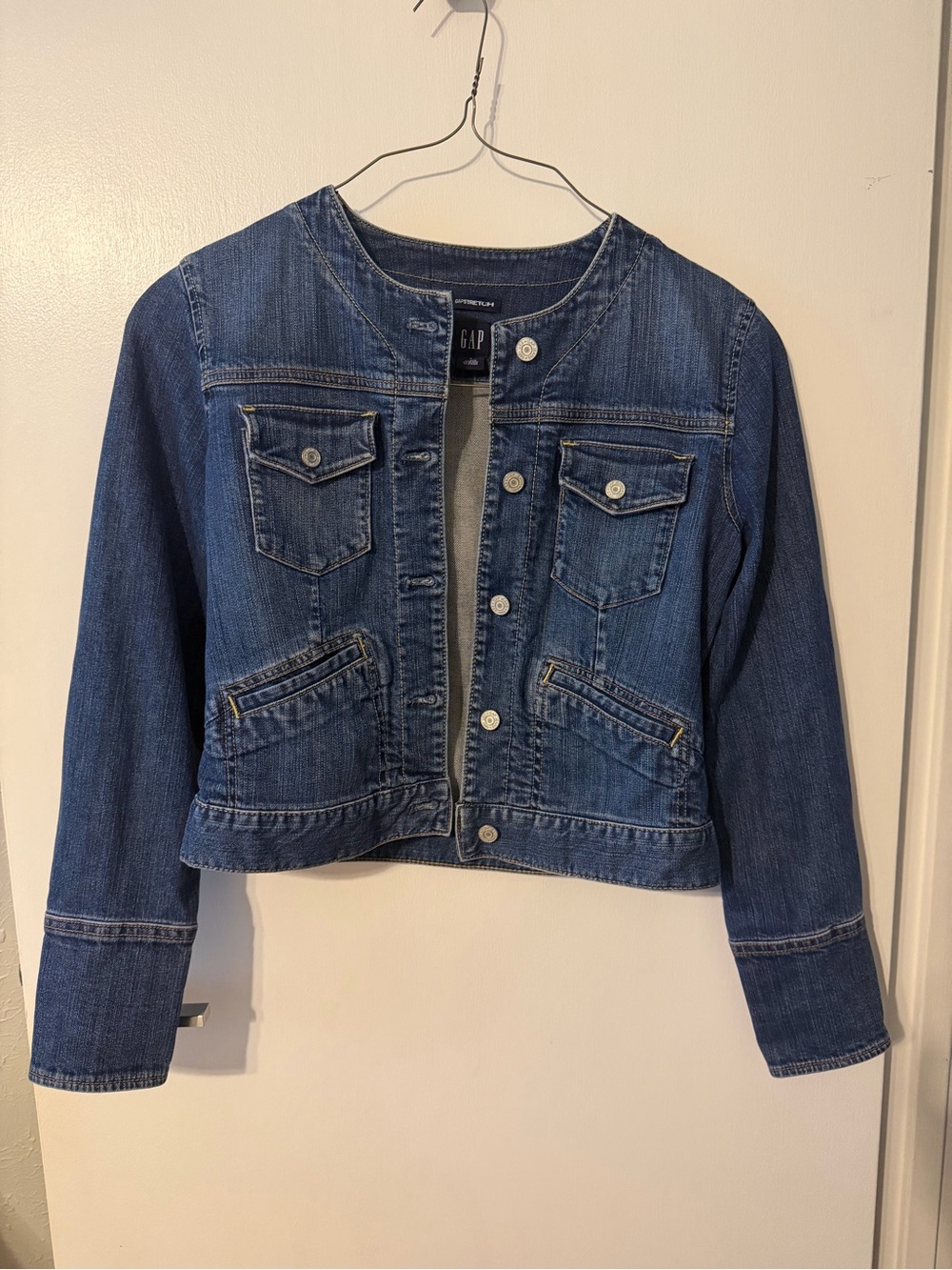 GAP Women's Blue Denim Collarless Jean Jacket